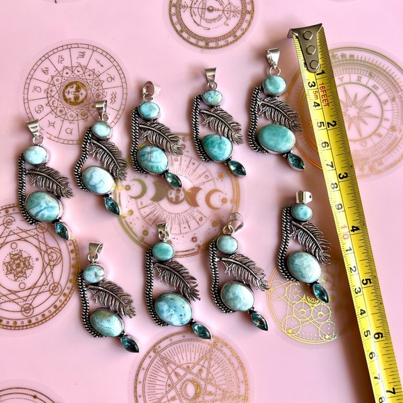 925 Caribbean Larimar + Feather Blue Topaz Necklace Pendant - Picture 7 of 10